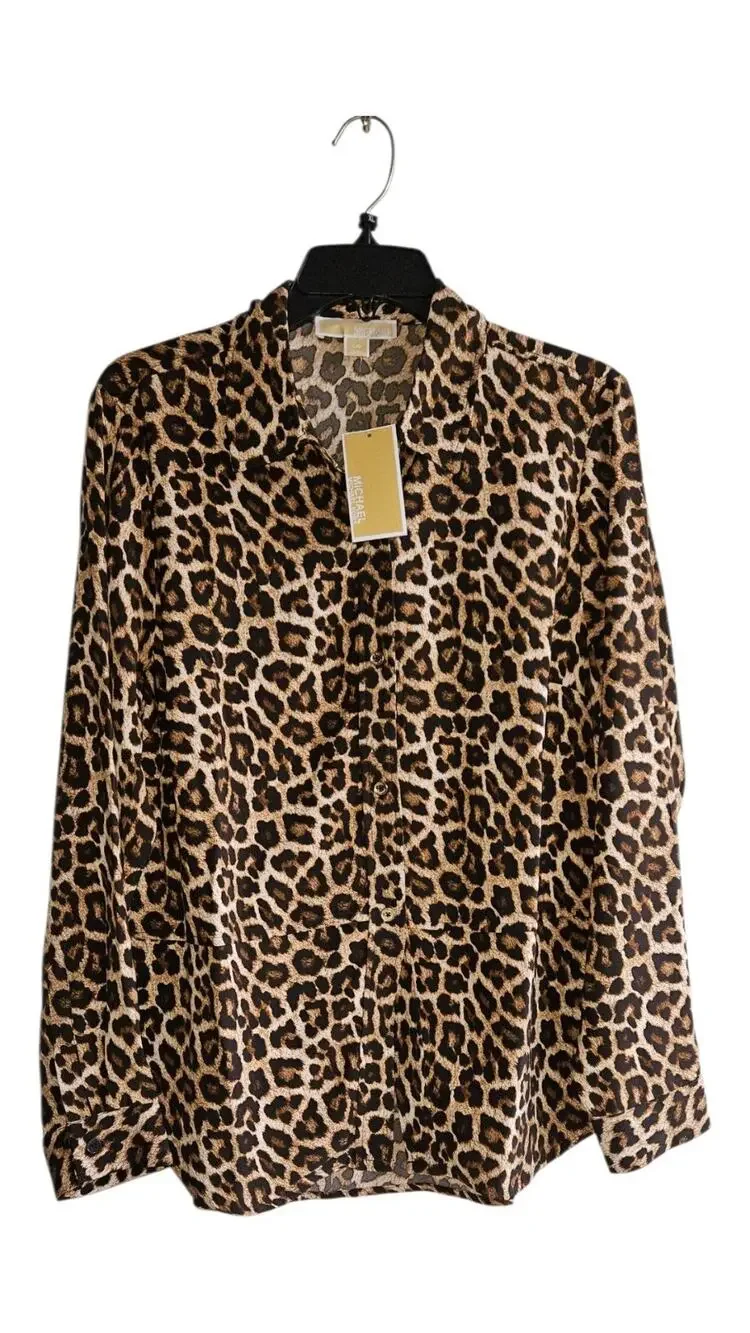 Michael Kors Women's Dark Camel Leopard Print Long Sleeve Tunic Blouse Top L NWT